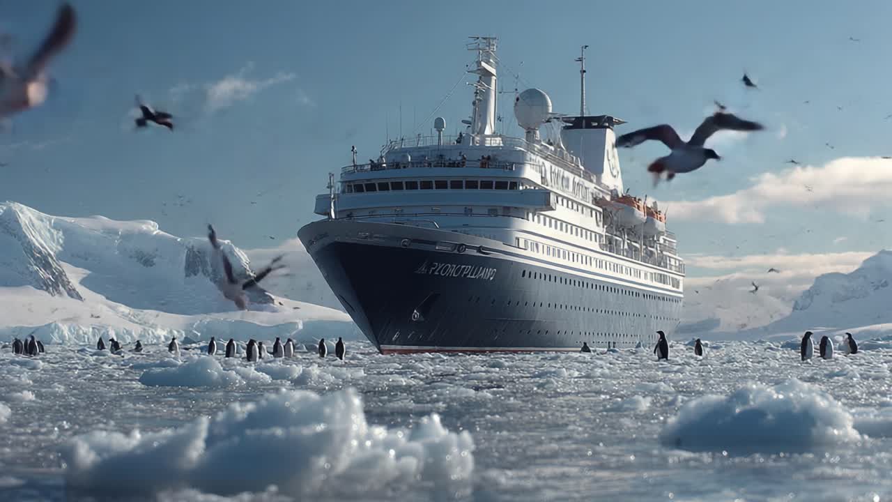 A Majestic Cruise Ship Navigating Through an Icy Landscape Surrounded by Penguins and Seabirds Under a Clear Blue Sky