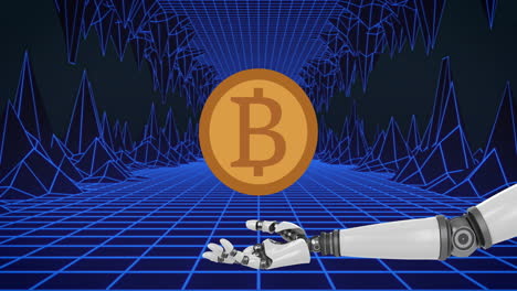 animación de bitcoin sobre el túnel digital con un brazo robótico