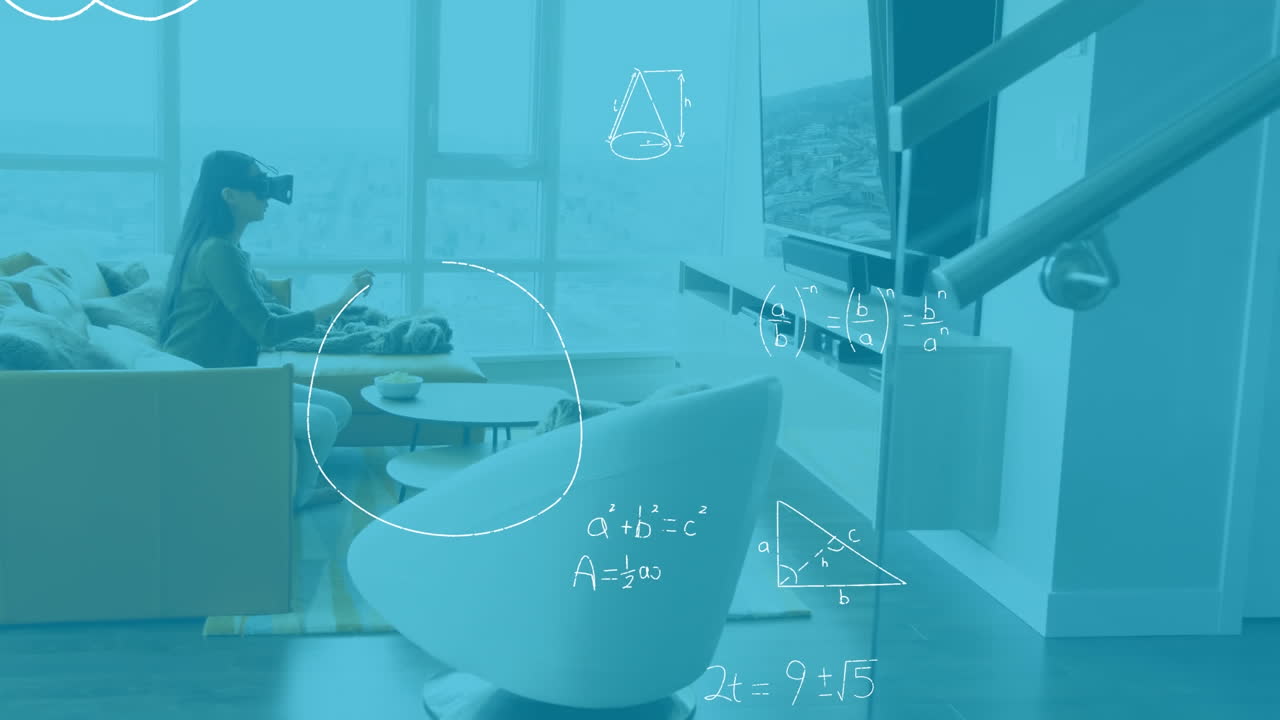数学方程式の上にvrヘッドセットを着用した女性のアニメーション