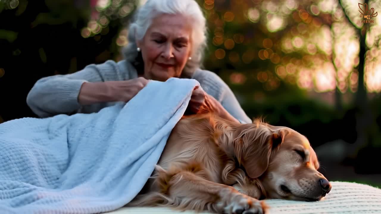 Tender Moments: An Elderly Woman Comforts Her Sleeping Dog with a Soft Blanket in a Peaceful Outdoor Setting During Sunset