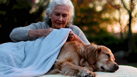 tender moments: an elderly woman comforts her sleeping dog with a soft blanket in a peaceful outdoor setting during sunset