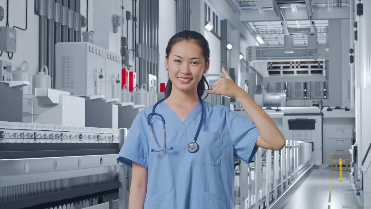 Dokter Wanita Asia Menunjukkan Gestur Telepon Saya Dan Tersenyum Di Pabrik Medis