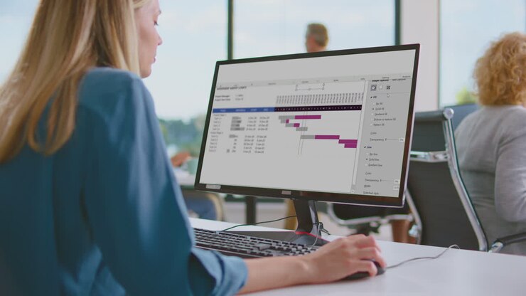 Woman working on project management software in an office