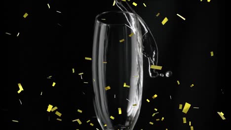 Animation-of-champagne-pouring-into-glass,-with-gold-confetti-falling-on-black-background