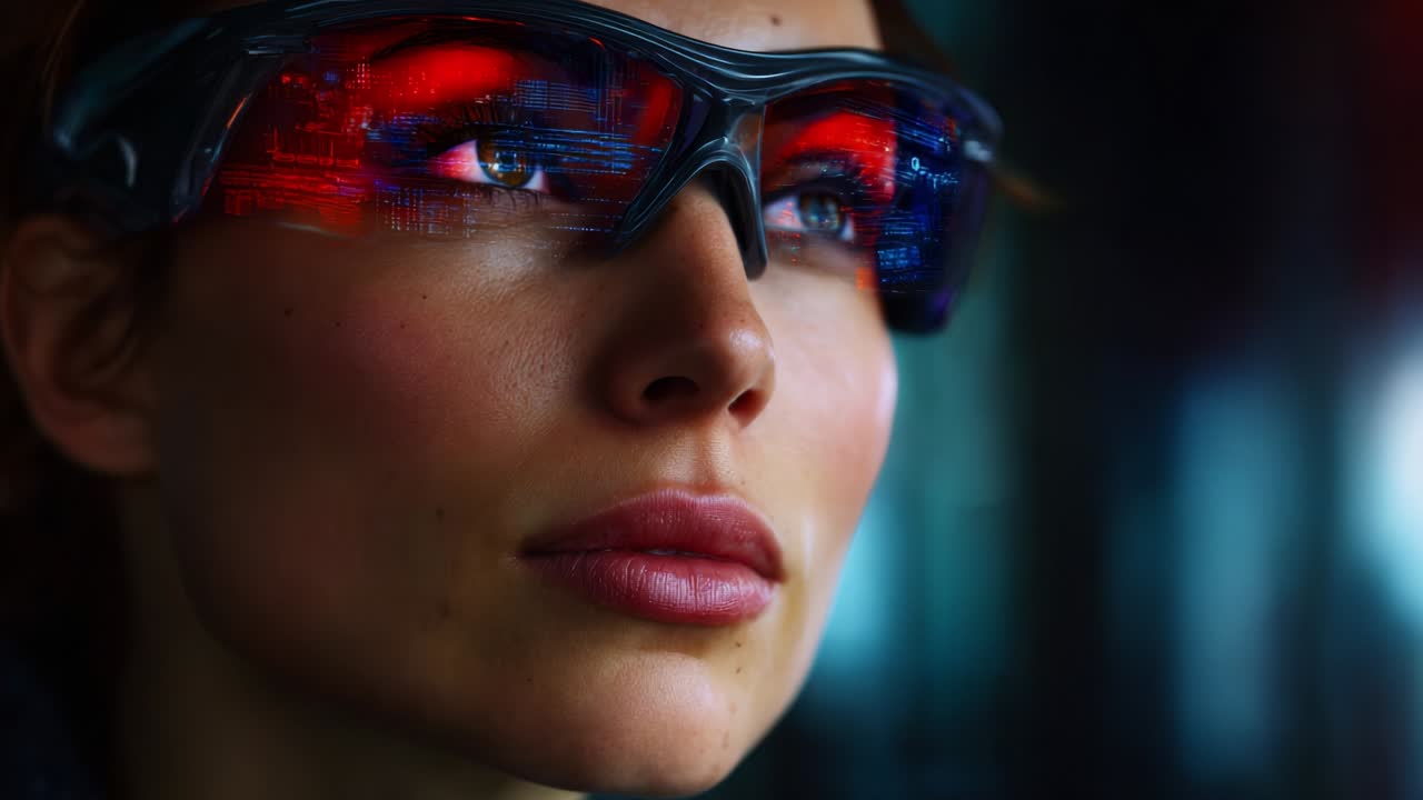 A focused individual wearing advanced augmented reality glasses showcases futuristic technology with vibrant graphics reflecting in the lenses, capturing the essence of innovation and personal connection to the digital realm