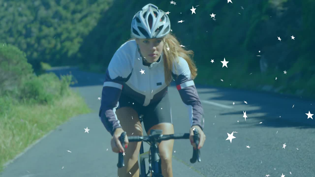 Ved start svever stjerneoverlegg rundt en pedalende kvinnelig syklist som viser aerodynamisk holdning i treningsteknologi.