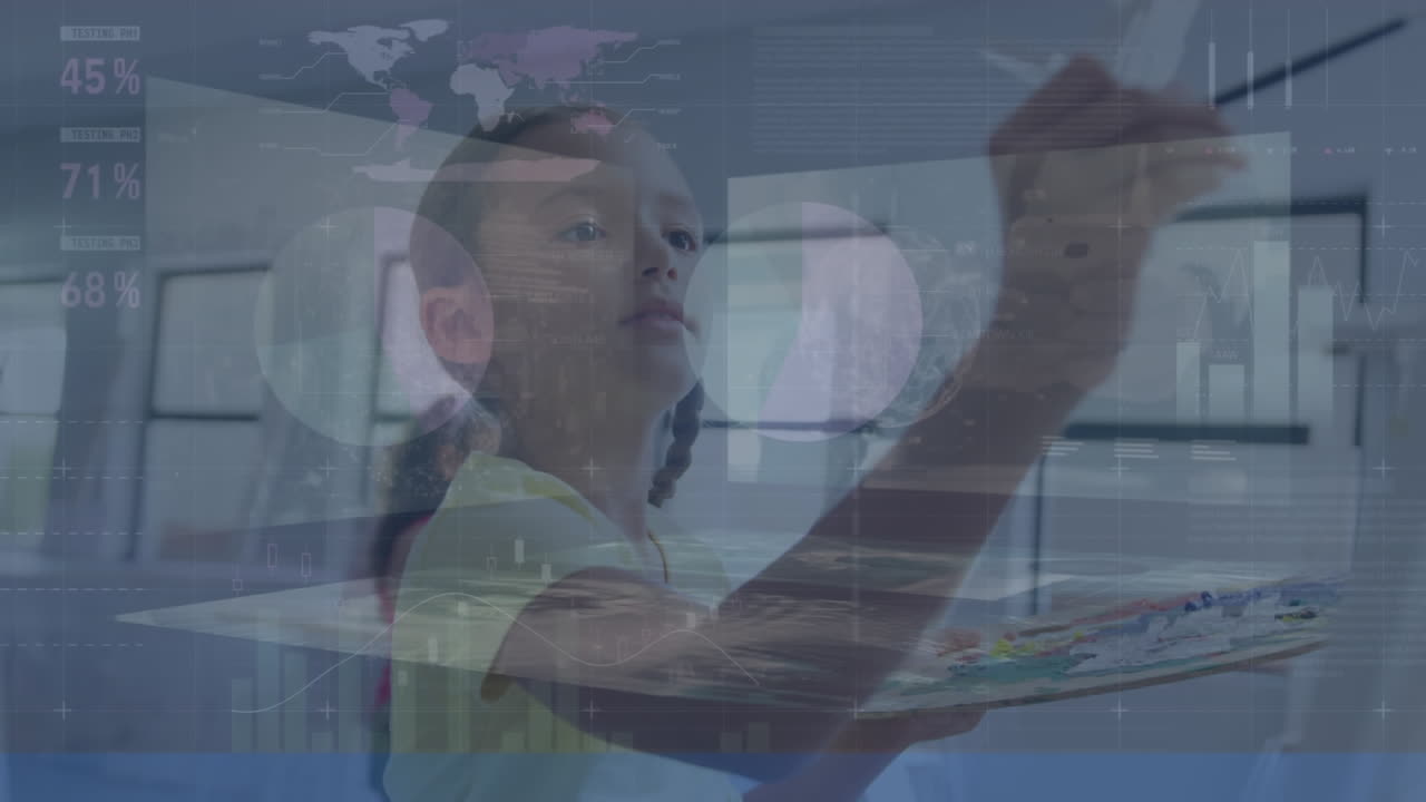 Animation of data processing over caucasian schoolgirl painting