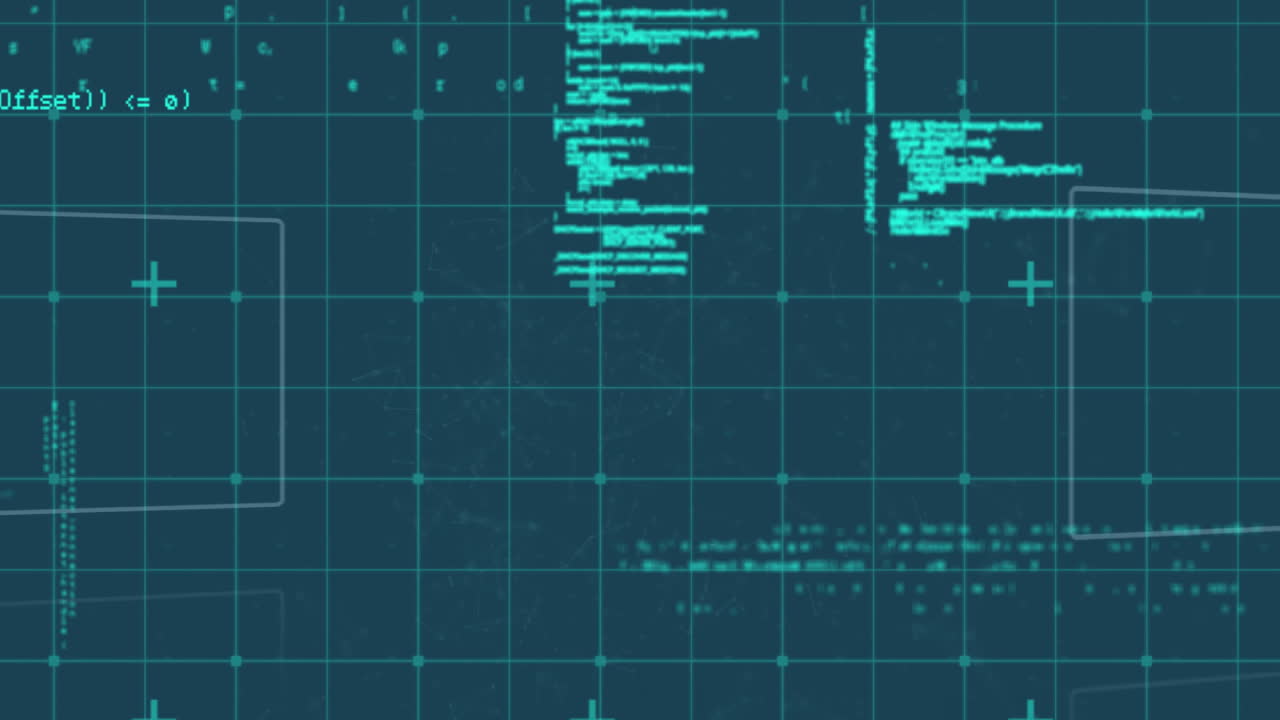 Animation of rectangles, grid pattern and computer language over black background
