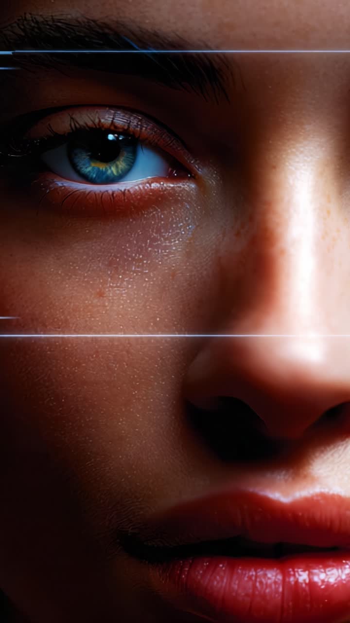 A close-up portrait of a woman with striking features, showcasing her captivating blue eye, detailed skin texture, and luscious lips in a dramatic lighting setup