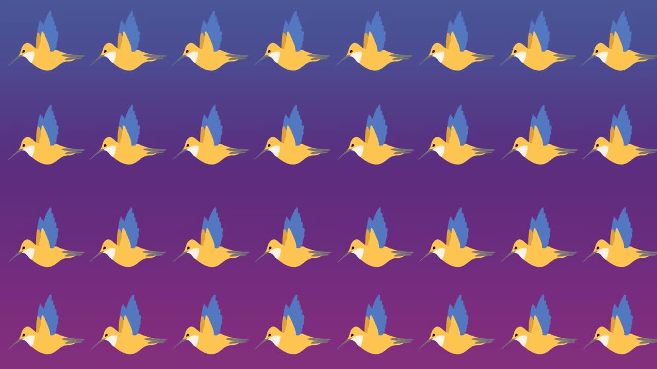animación de varias aves sobre un fondo púrpura