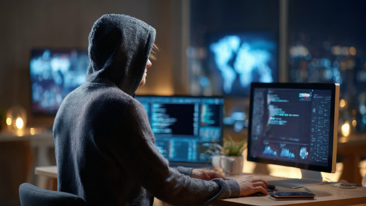 Intricacies of Cybersecurity: A Glimpse into the World of a Programmer or Hacker in a Dimly Lit Workspace Filled with Monitors and Data Analysis
