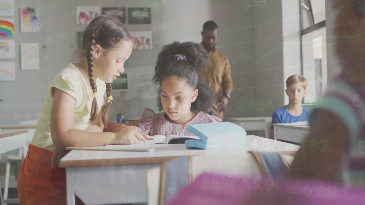 Animation of data processing over diverse male teacher and schoolchildren writing