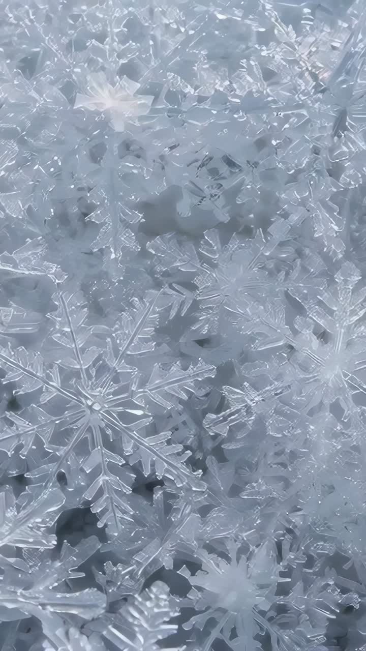 Video verticale: cambio di messa a fuoco che mostra cristalli di neve in dettaglio ravvicinato, con spazi scuri e luci
