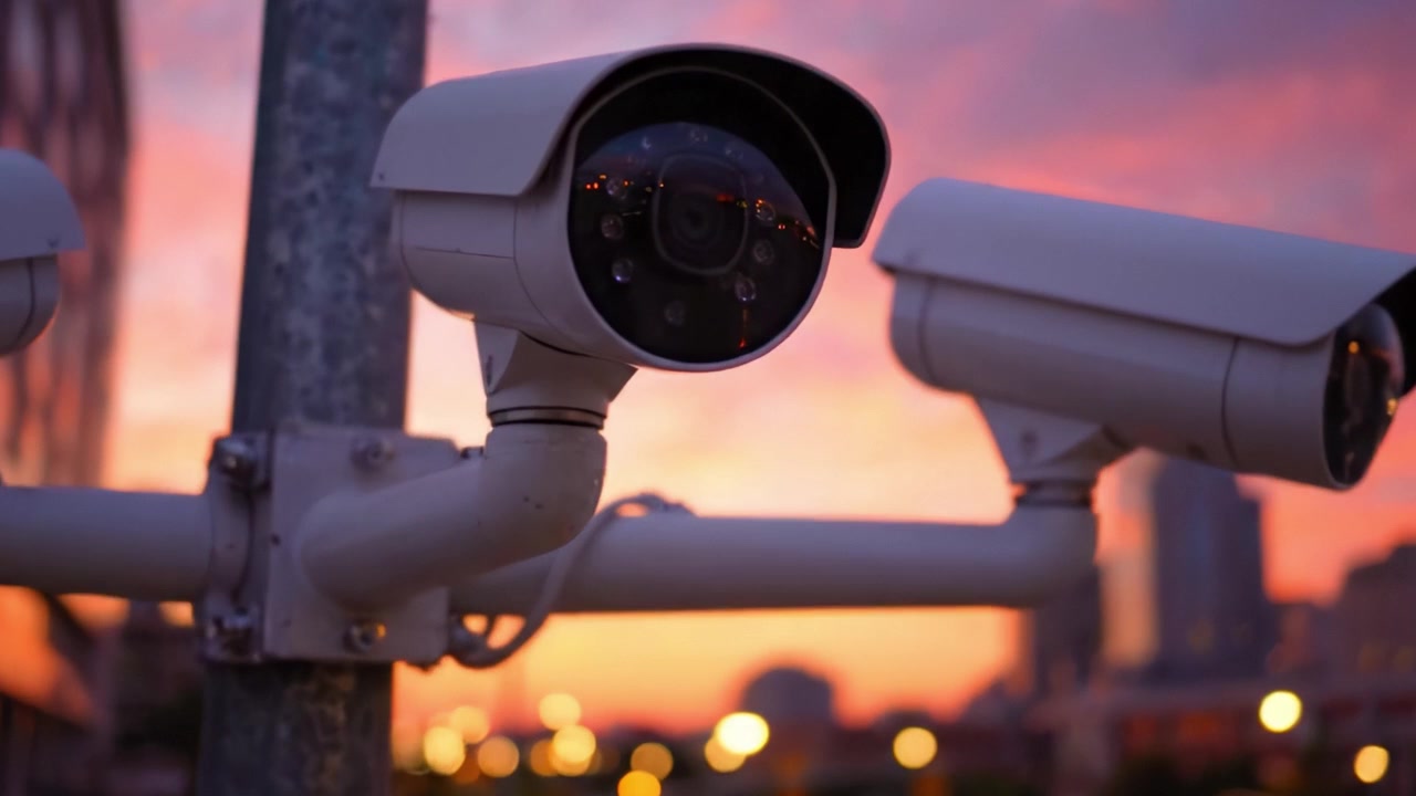 Surveillance Cameras at Dusk: A Stunning Urban Scene Capturing the Intersection of Technology and Nature Against a Vibrant Sunset Sky
