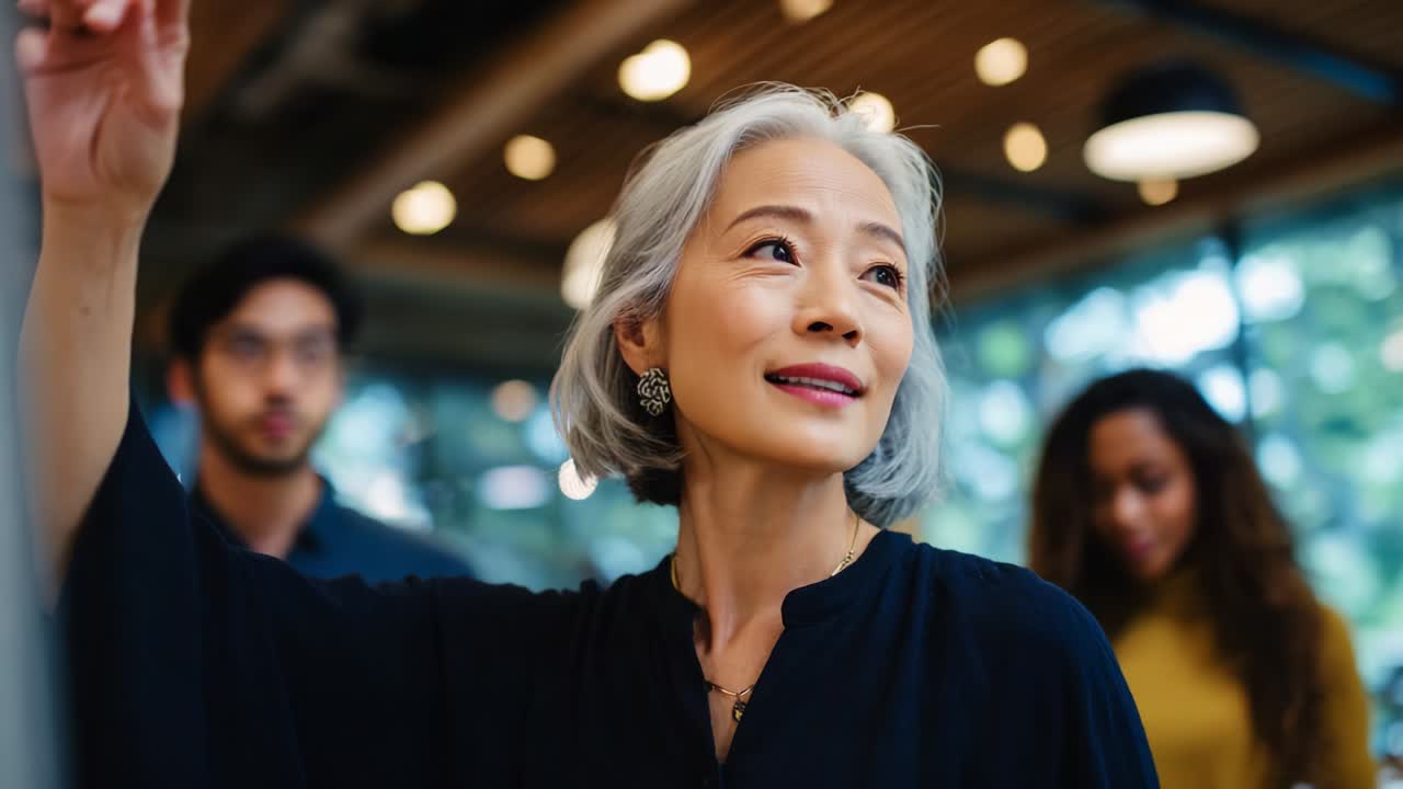 A Thoughtful Woman with Silver Hair Engaging in a Moment of Reflection in a Contemporary Space Surrounded by Diverse Individuals, Engaging in Meaningful Interaction and Collaboration