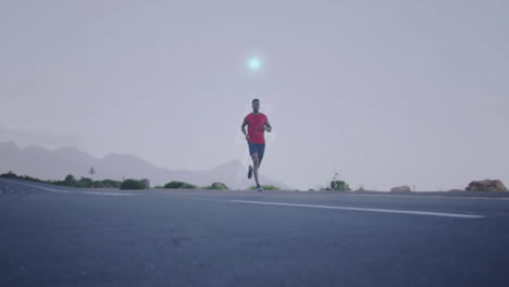 animación de círculos con procesamiento de datos y carga sobre hombre afroamericano corriendo por la carretera