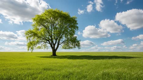 a serene meadow with a lush green tree under a beautiful sky filled with clouds, capturing the essence of nature's tranquility and seasonal beauty