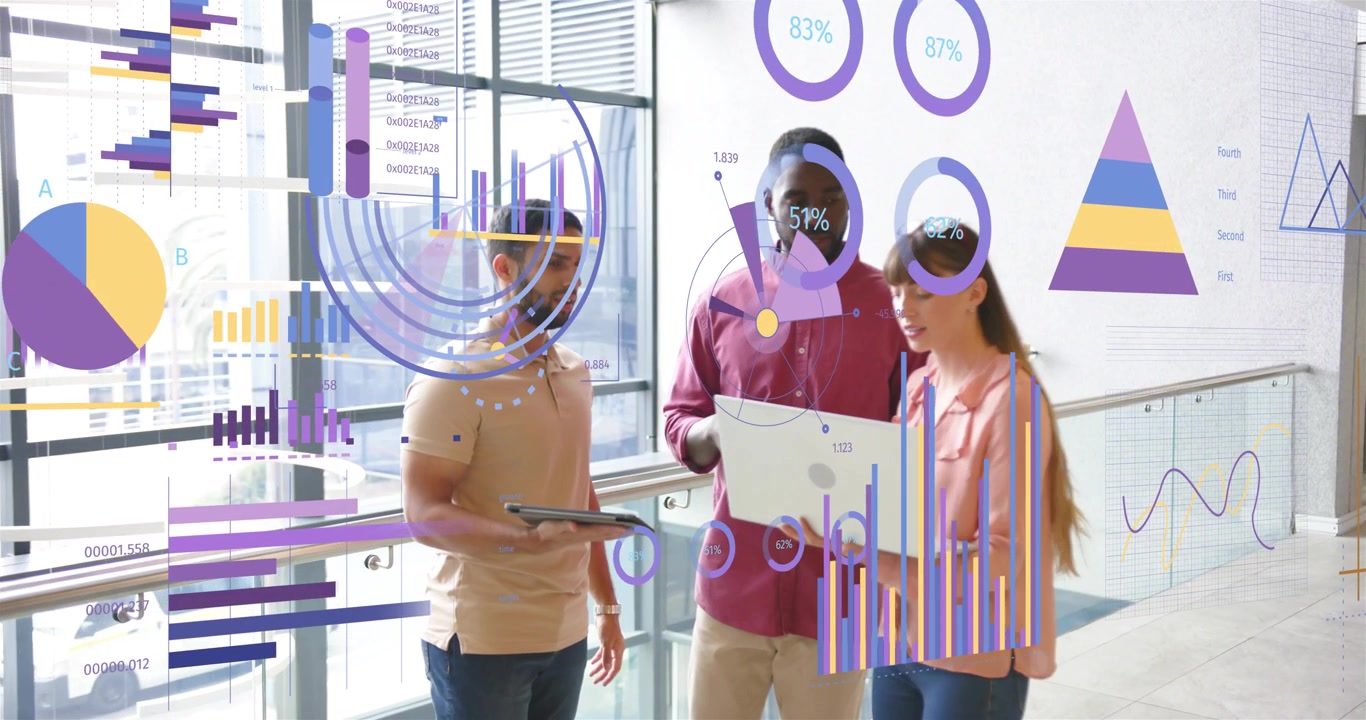 Woman pointing at laptop at glass wall causing pie and donut charts animating sales metrics upward