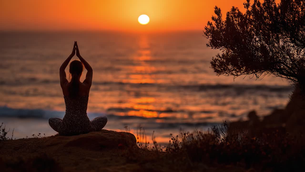 A Serene Sunset Meditation by the Ocean: Embracing Tranquility and Inner Peace Amidst Nature's Radiant Beauty as the Sun Sets on the Horizon