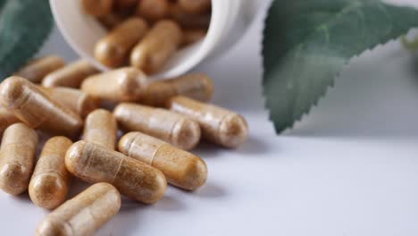 close-up of brown herbal capsules spilled from bottle