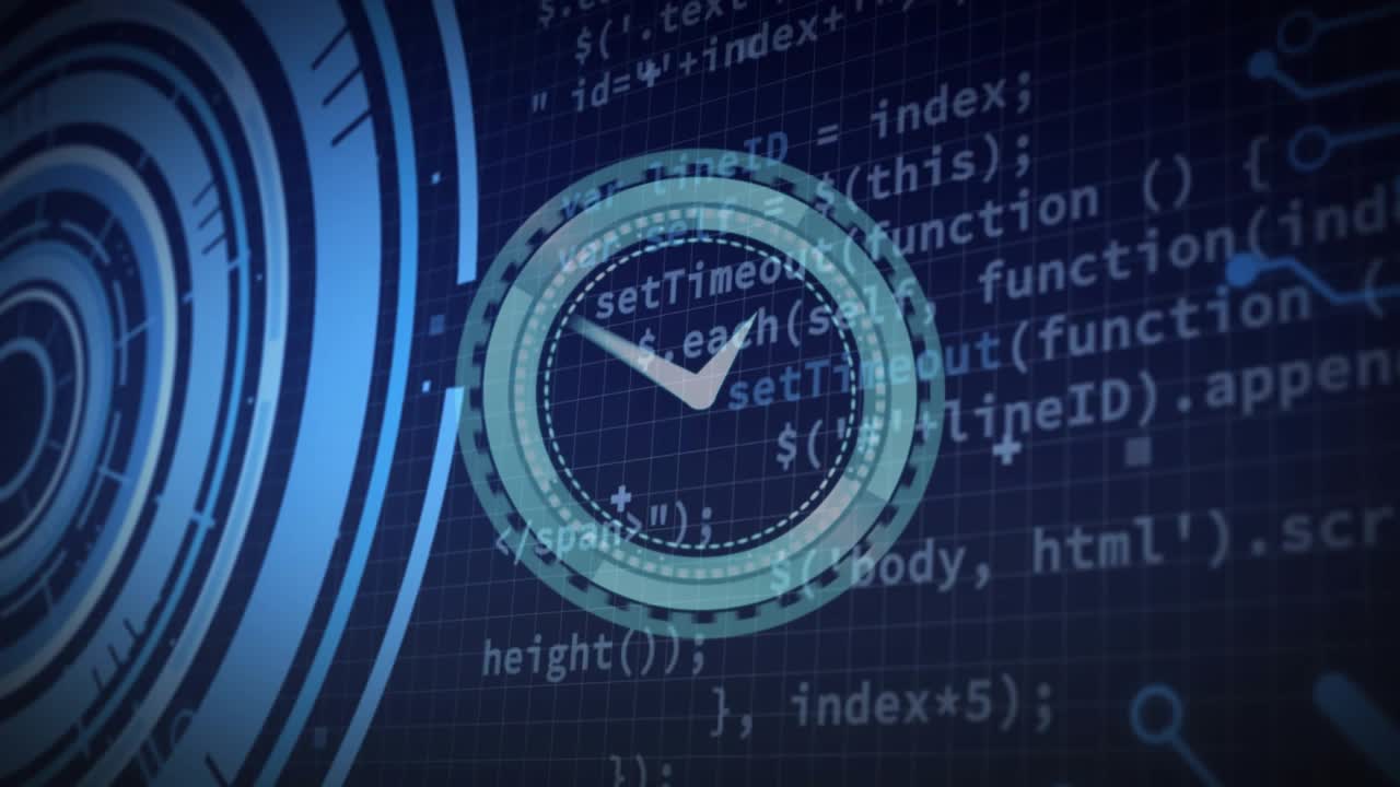 Upon loading circular gauge rotating while code scrolling snippets expanding showcasing interface