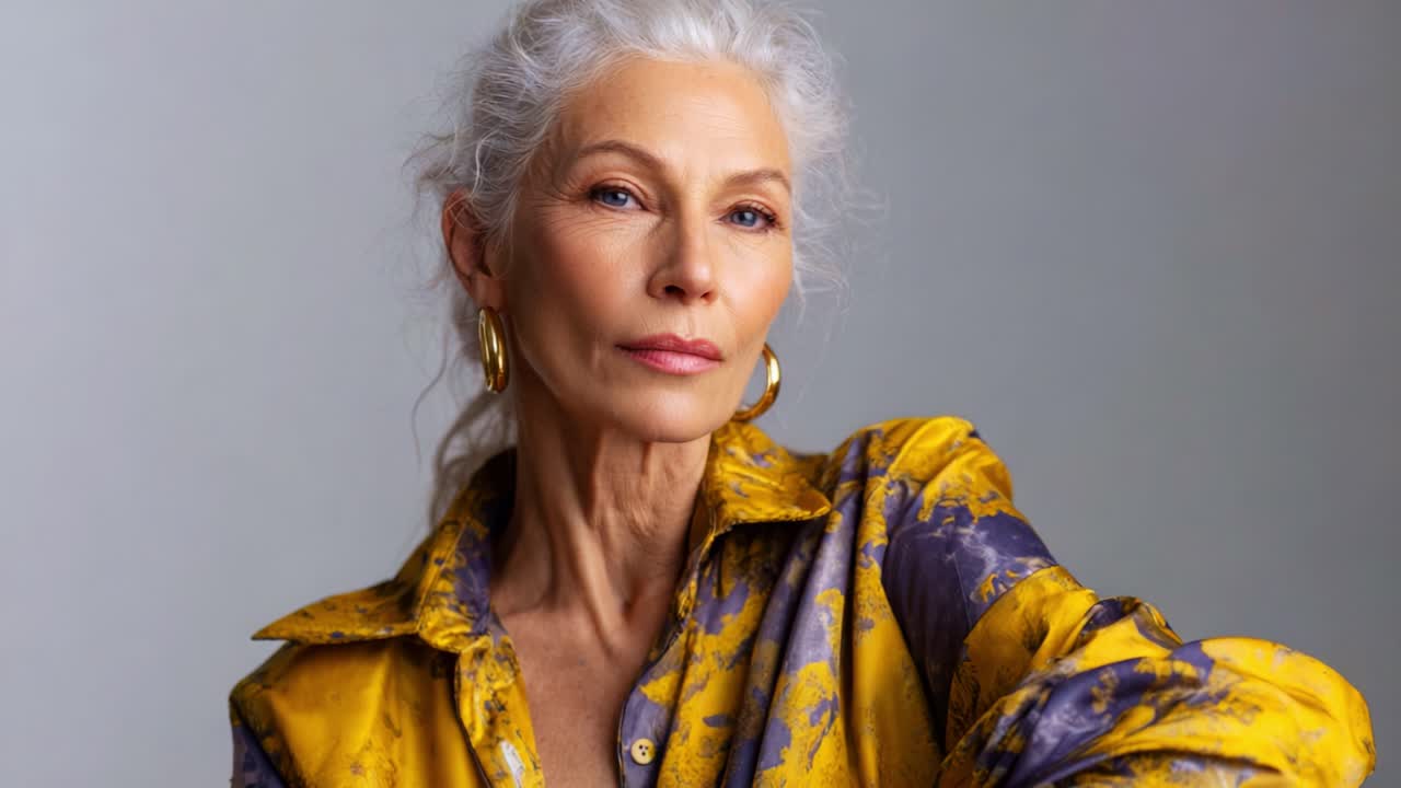 Elegante ritratto di una donna matura con capelli argentati e una vivace camicia gialla, che emana sicurezza e grazia in un ambiente con illuminazione soffusa