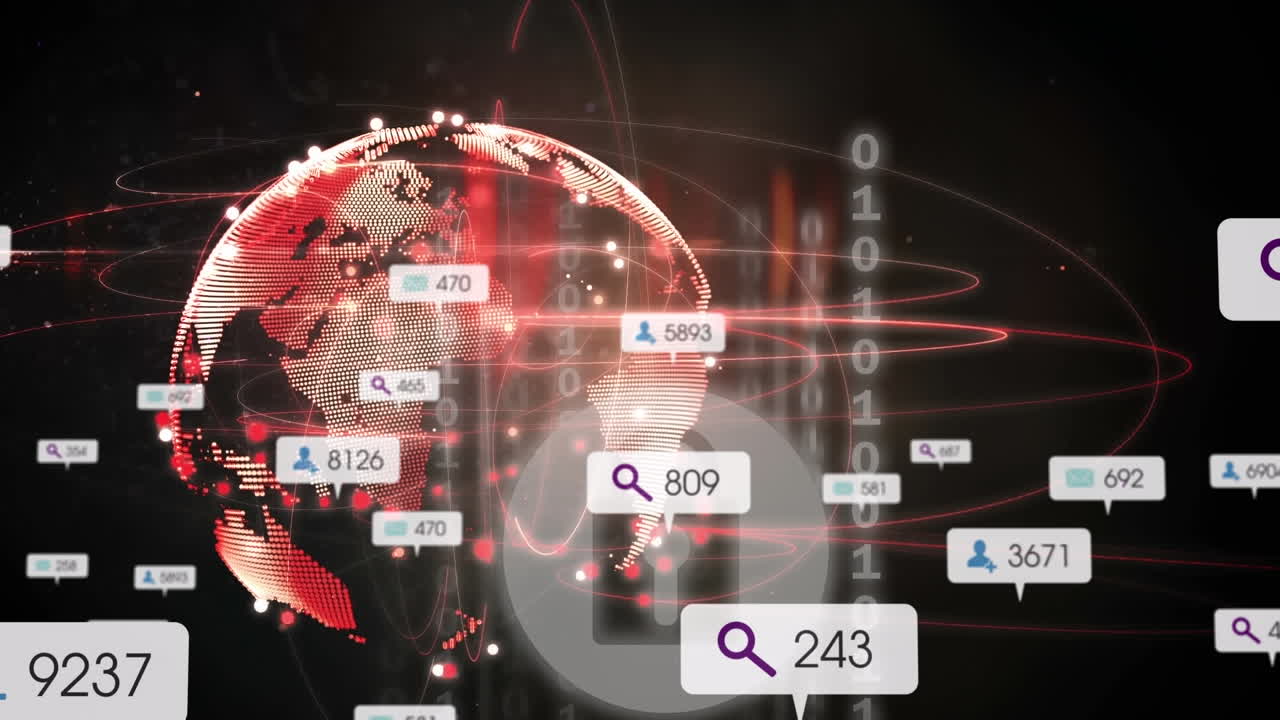 Animation of media icons and binary coding over globe