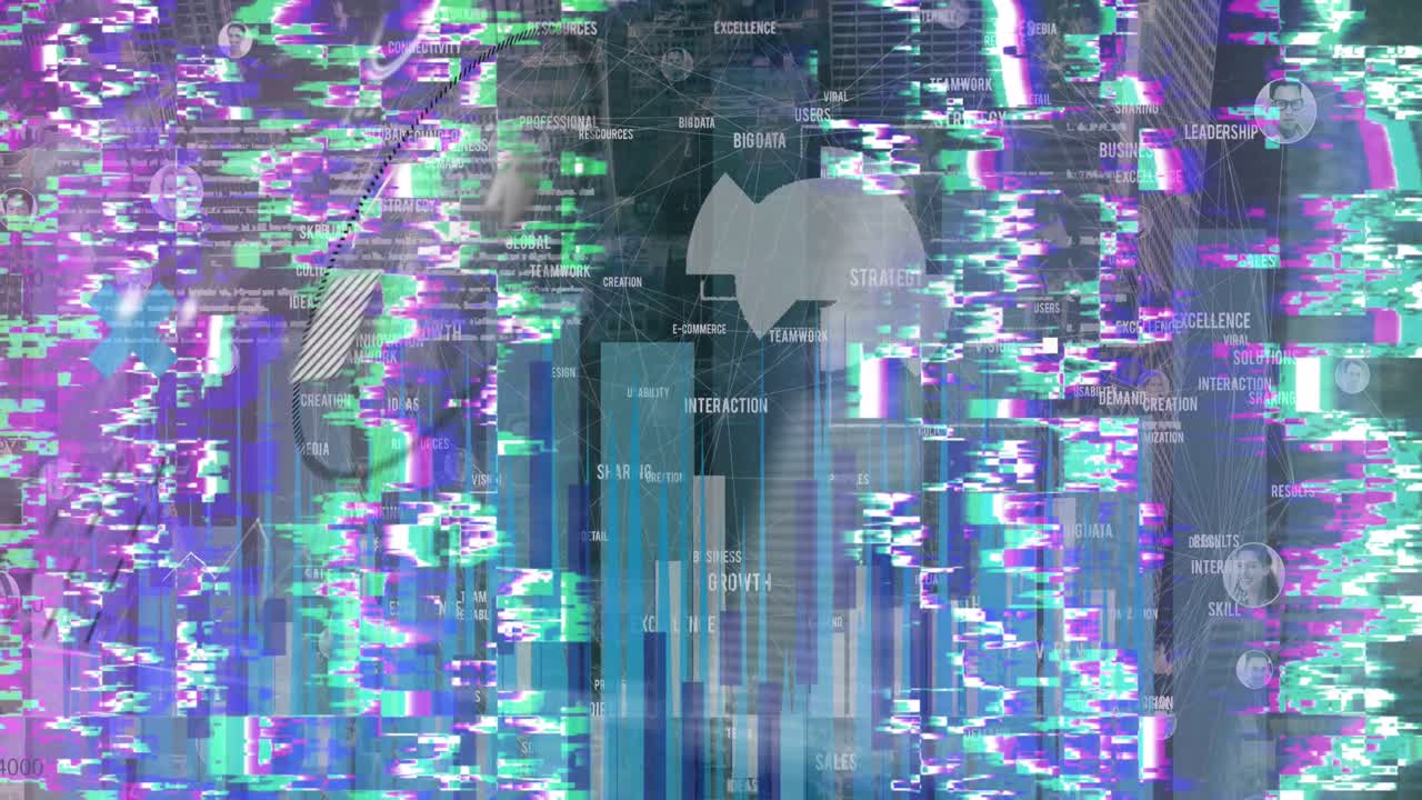 도시 풍경 위의 데이터 처리 애니메이션