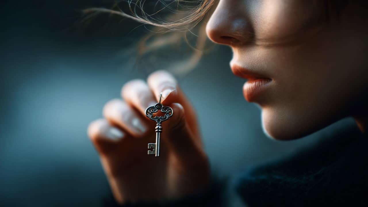 A Thoughtful Moment Featuring a Beautiful Woman Holding an Ornate Key, Symbolizing Secrets, Opportunities, and Possibilities in a Softly Lit Environment
