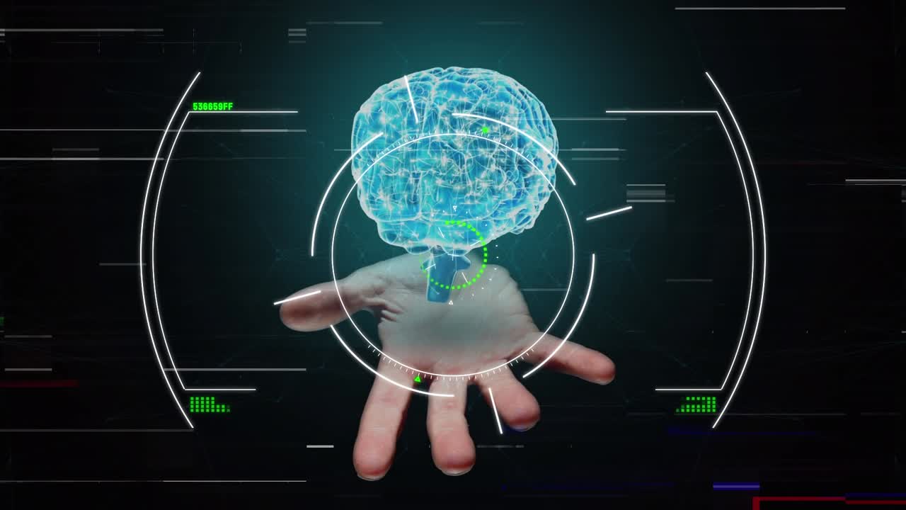 Animation of data processing and human brain on hand over dark background