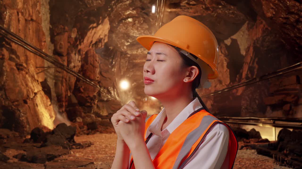 Close Up Side View Of Asian Female Engineer With Safety Helmet Pray For Something In Underground Mine Tunnel