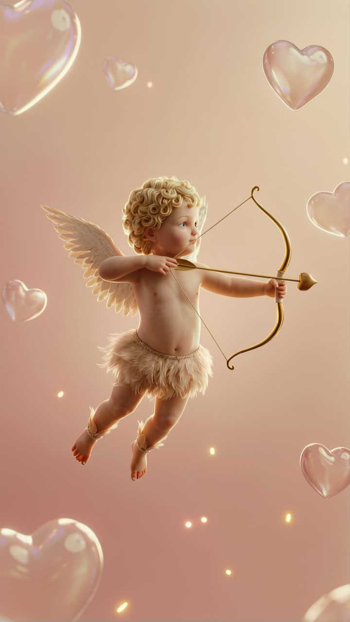 Fantastical cherub figure with shimmering circles and soft pastel illumination