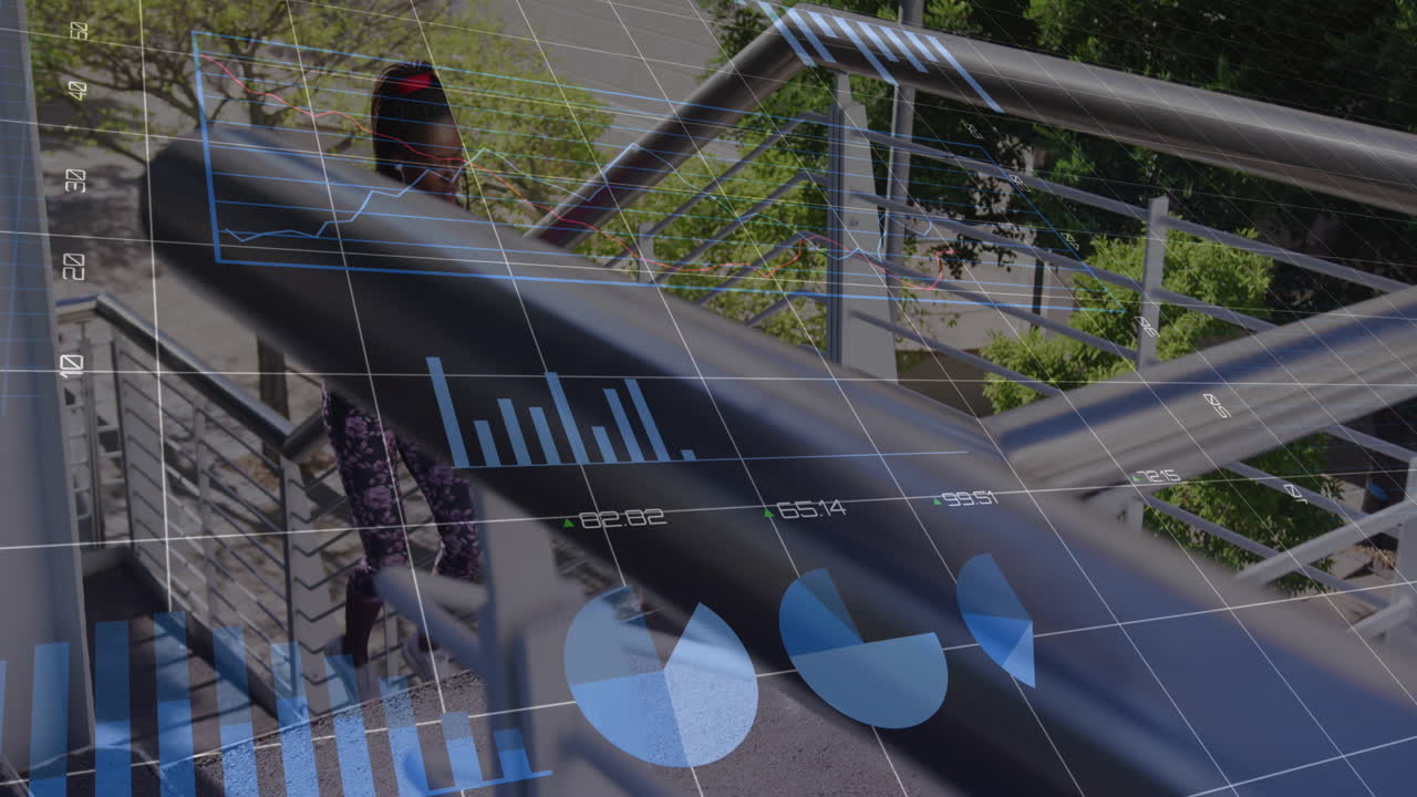 animación del procesamiento de datos sobre una corredora afroamericana en las escaleras