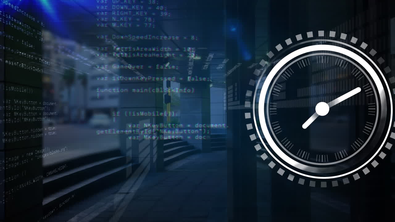 Animation of ticking clock and data processing against city street traffic