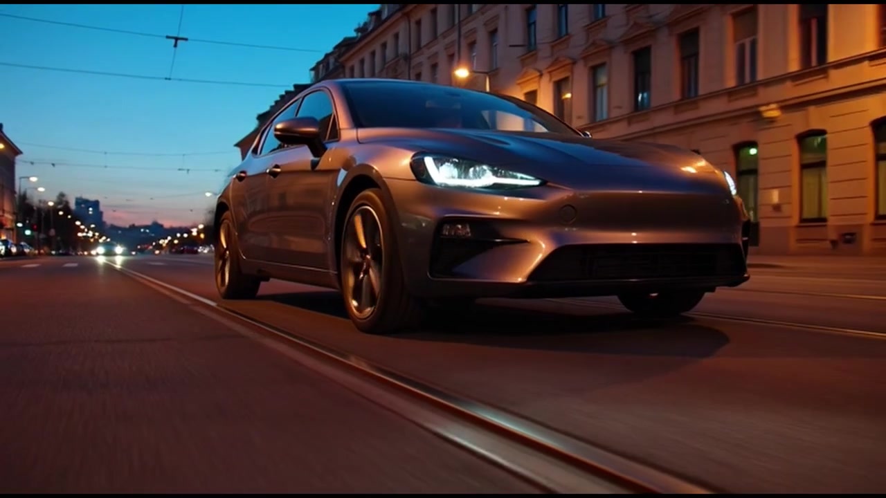 Carro moderno dirigindo por rua da cidade ao crepúsculo