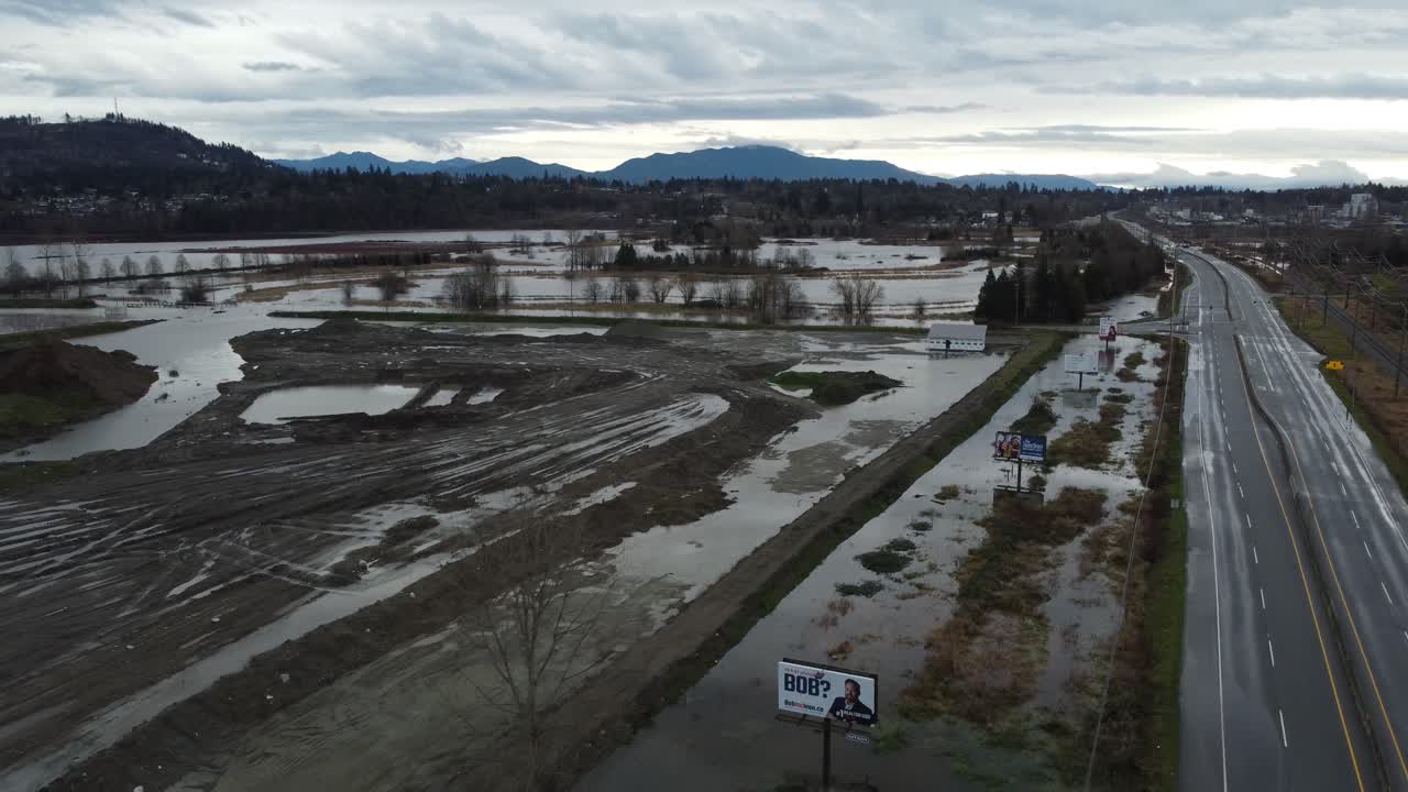 Flooded plains near highway road in Canada, British Columbia