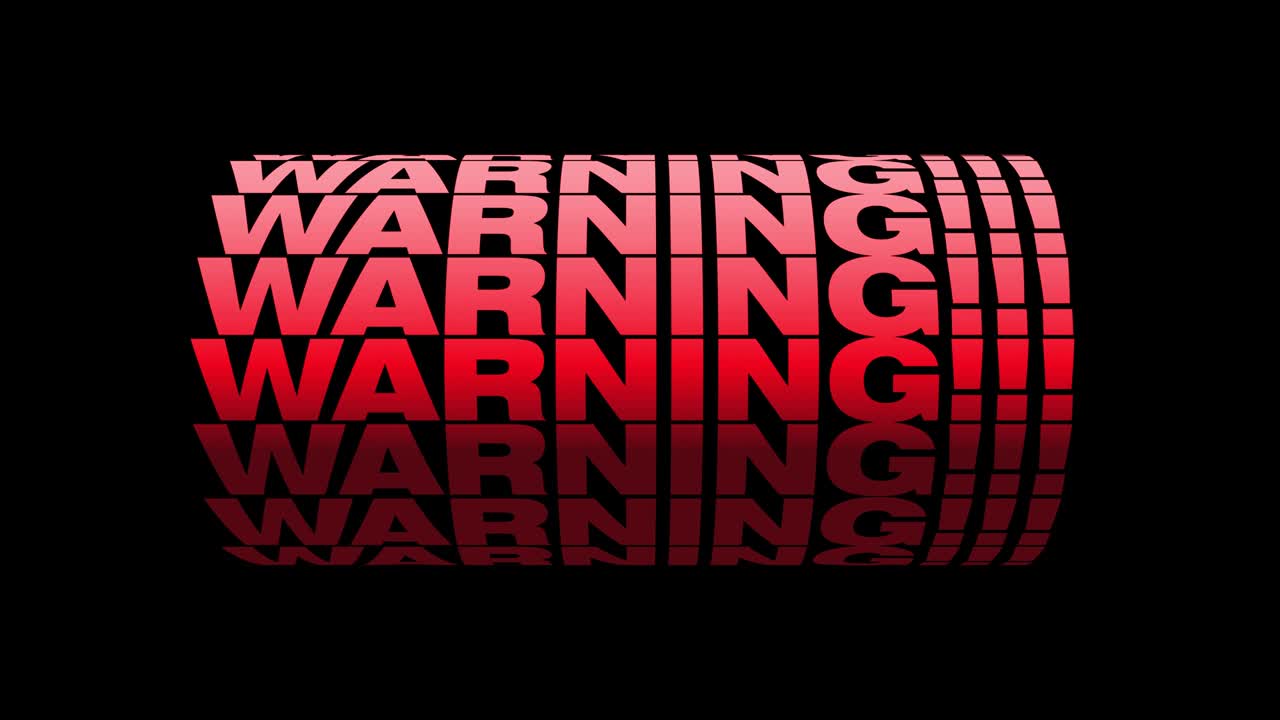 Warning red text illustration animation endless looped isolated on transparent black background with alpha channel. 4K 3D Seamless loop.