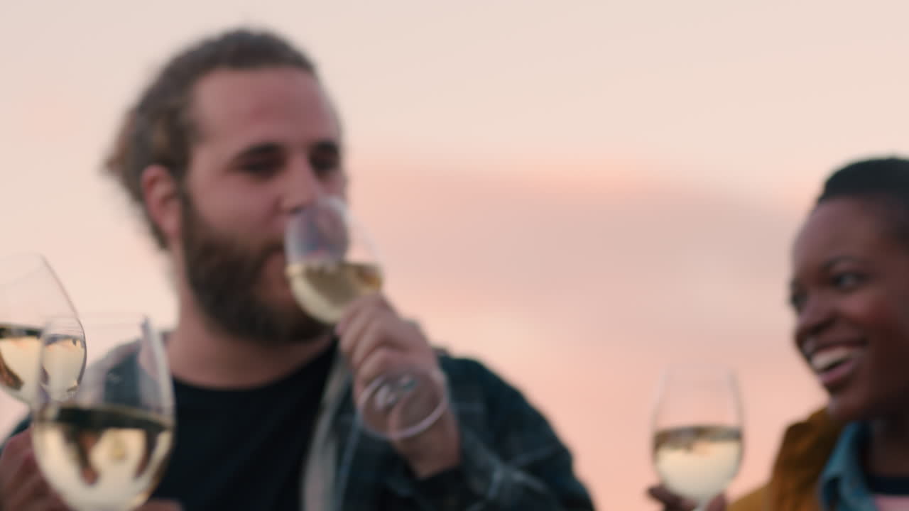 happy group of friends celebrating rooftop party drinking champagne making toast enjoying diverse friendship reunion socializing sharing conversation