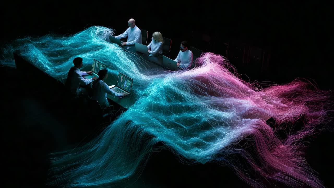 A mesmerizing display of digital creativity embodies the convergence of technology and teamwork, showcasing intricate data flows as a team collaborates in a futuristic workspace