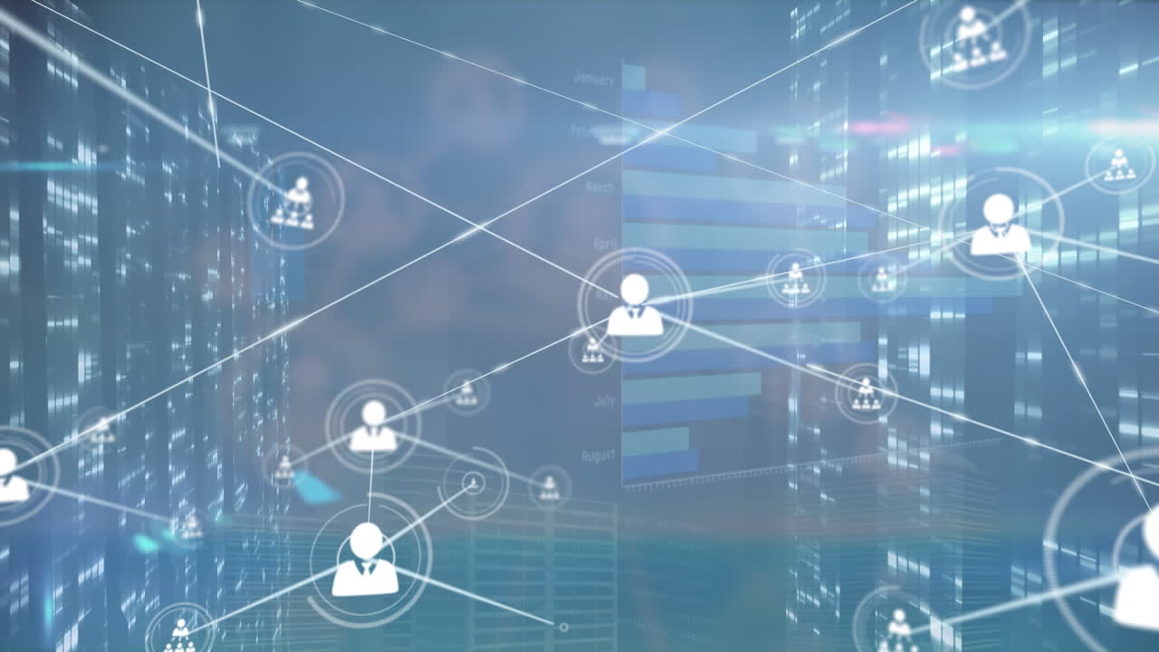 Animation of network of profile icons over screens with mosaic squares against blue background