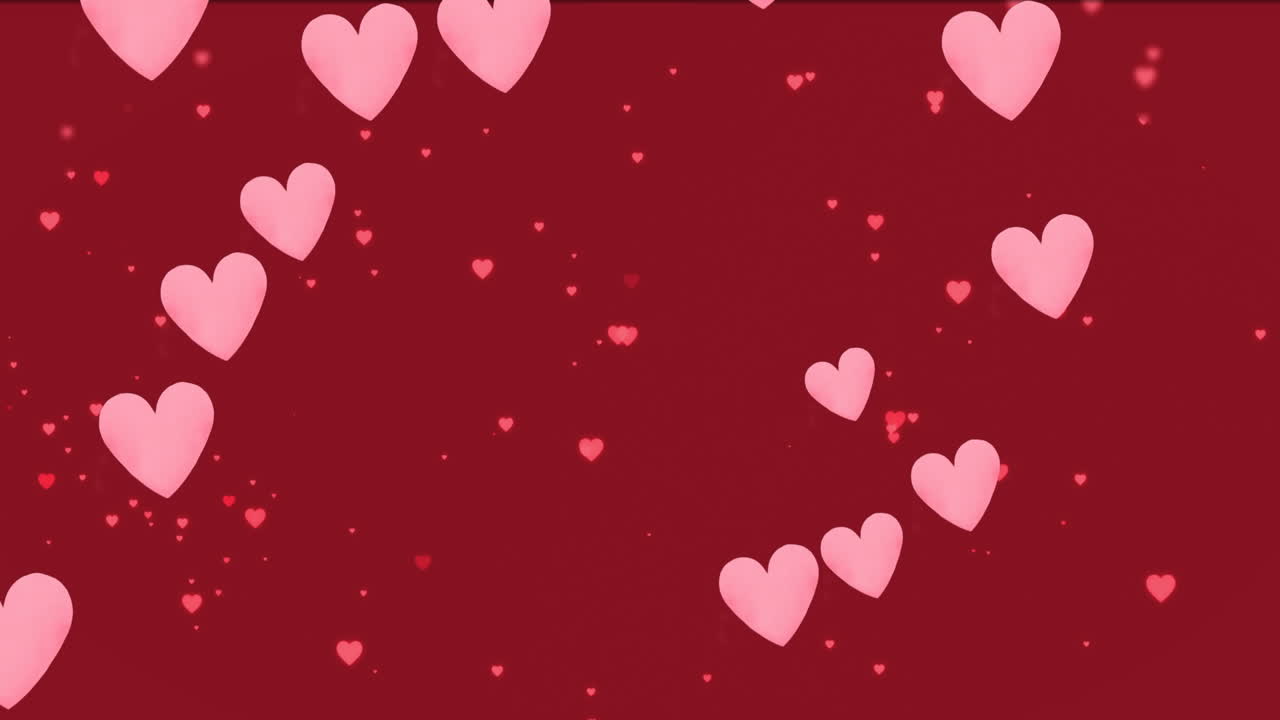 Animazione di icone di cuori rosa che fluttuano su sfondo rosso