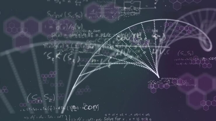 Equazioni matematiche, strutture del DNA e chimiche che fluttuano su sfondo viola.