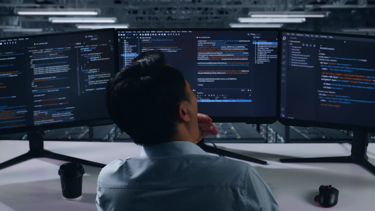 Programmer Working on Multiple Monitors in Server Room