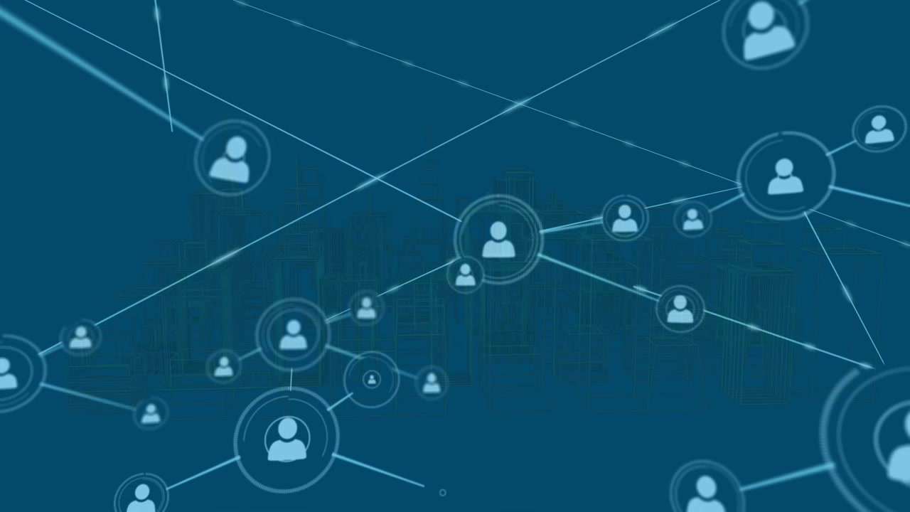 Animation of network of connections with icons over digital city
