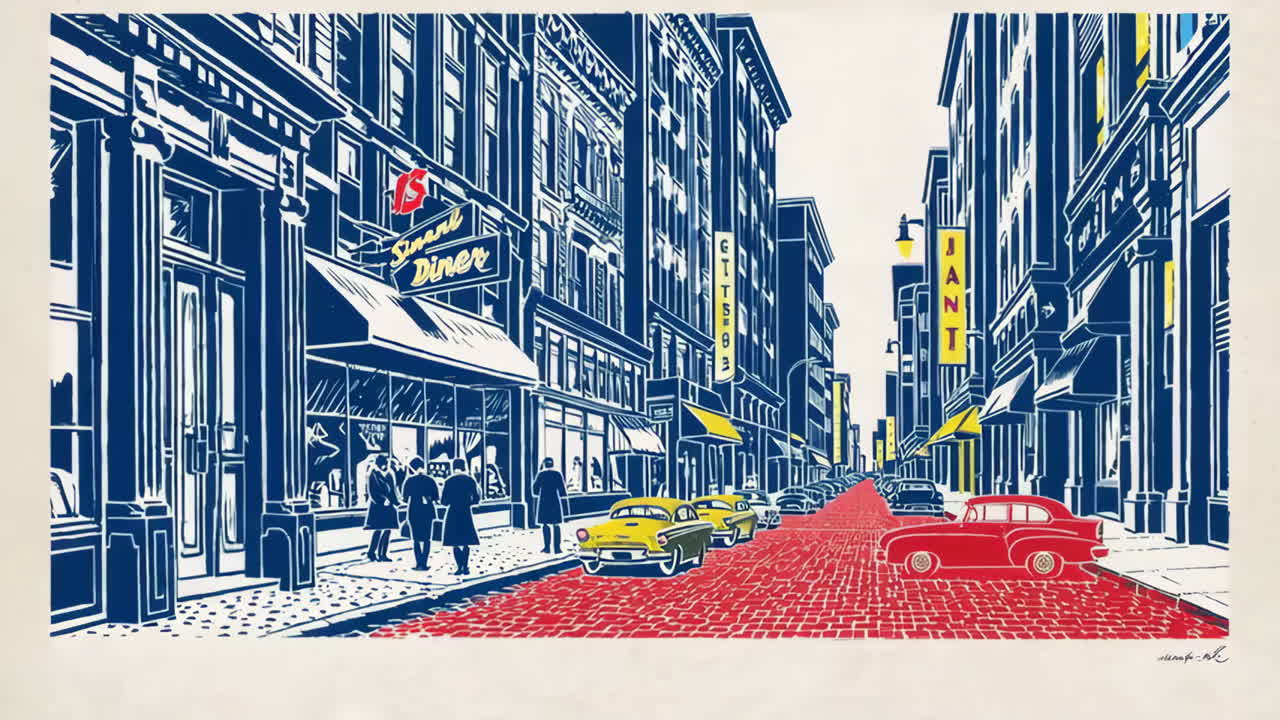 Retro Urban Street Scenes with Diners and Classic Cars in a Pop Art Style
