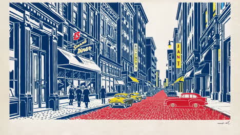 retro urban street scenes with diners and classic cars in a pop art style