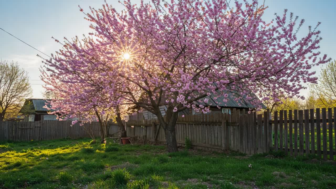 Fioritura primaverile mozzafiato: Un maestoso ciliegio in piena fioritura illuminato dalla luce del sole in un sereno giardino di campagna