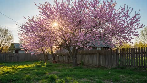 Breathtaking Spring Blossom: A Majestic Cherry Tree in Full Bloom Illuminated by Sunlight in a Serene Countryside Garden Setting
