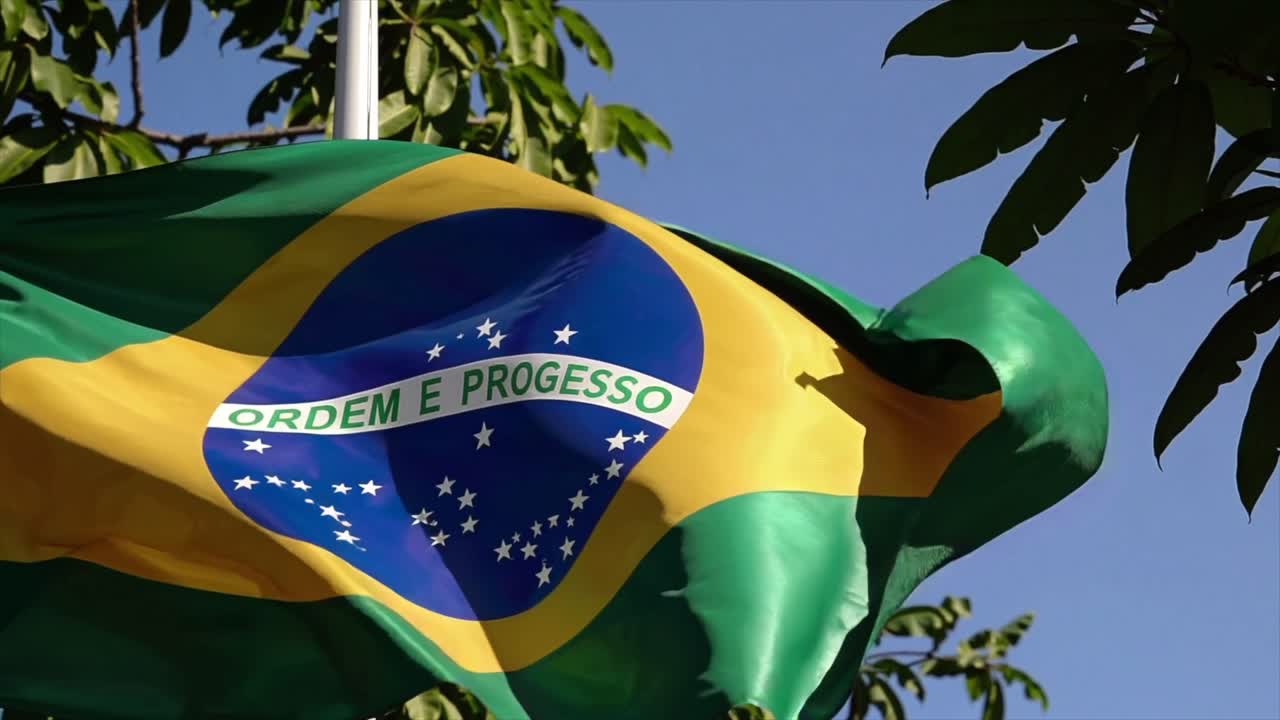 CGI of the Brazil flag waving in the wind, symbolizing Latin American leadership, national pride, and Brazil's role in global diplomacy.
