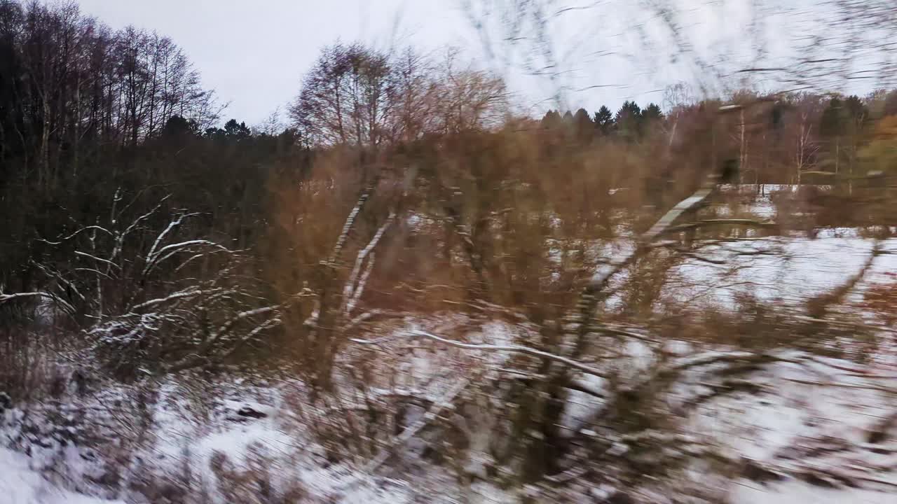 Epico POV 4K60 di un viaggio in treno attraverso foreste e campi in una zona rurale innevata